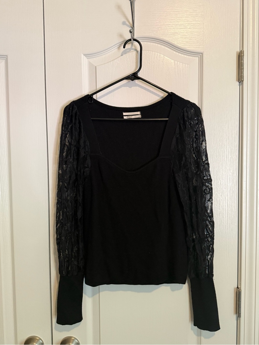 Anthropologie Black Lace-Sleeve Square-Neck Top